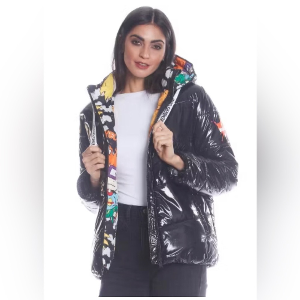 Members Only Womens Chevron Quilt Puffer Jacket with Nickelodeon Print Lining